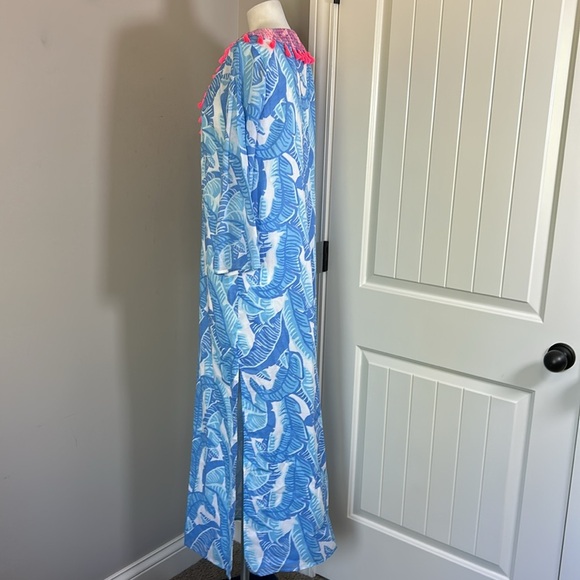 Sail to Sable Blue Banana Leaf Print Maxi Dress Blue White Tassel Vneck XS NEW - Picture 4 of 8